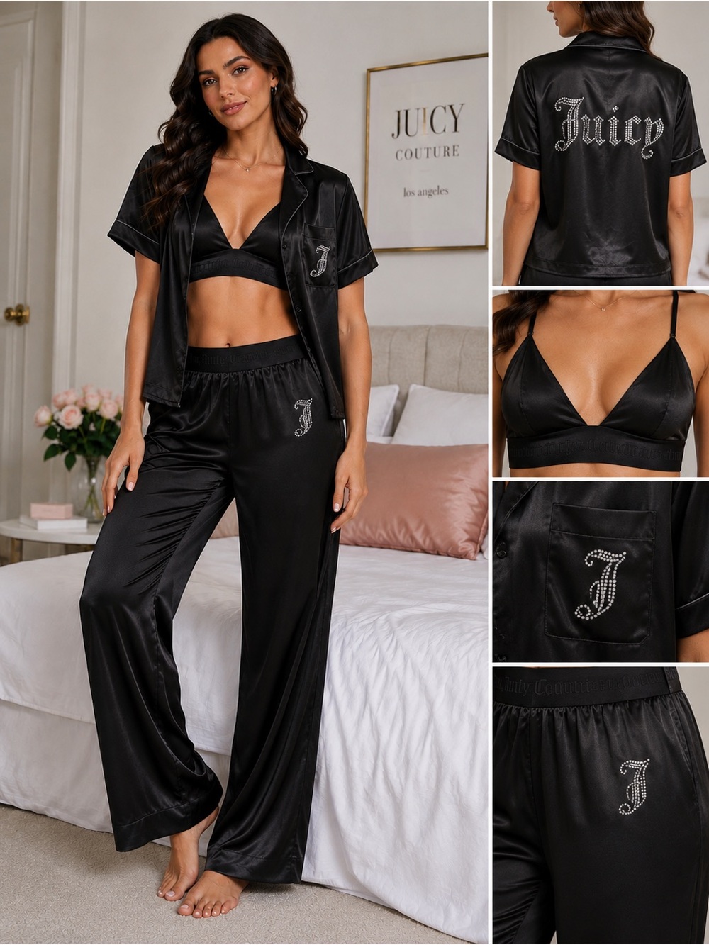 NWT Juicy Couture Black Satin 3 Piece Pajama Set Rhinestone XL